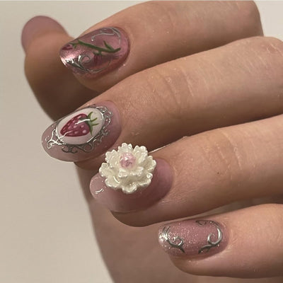 24 Stück Frühling Press-On Nägel Kurz Mandel, YIHONGYAN 3D Strass Muschel-Design Künstliche Nägel Press-Ons Blau Französische Nägel Acryl-Set Klebenägel Vollabdeckung Glitzer Nägel zum Aufkleben für Frauen