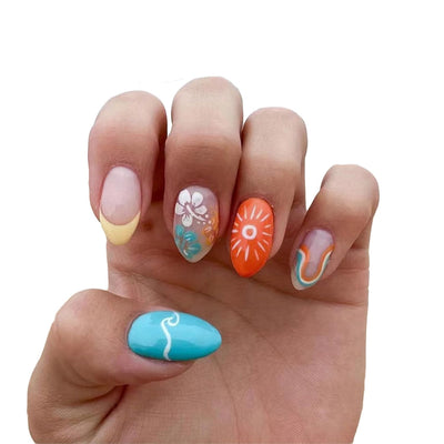 24 Stück Sommer Press-on-Nägel French Tips Medium Mandel Acryl Künstliche Nägel Sonnennägel zum Aufkleben Glänzende Orange Kurvenlinie Künstliche Nagelwellen Gelkleber Fingernägel für Maniküre Kunst Frauen Mädchen