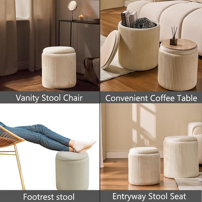 Rundes 2er-Set Aufbewahrungs-Ottoman – Gepolsterter Samt Schminktischhocker für Make-up Multifunktionale Ottomane Couchtisch Gepolsterter Sitz Fußablage für Wohnzimmer & Schlafzimmer (Weiß)