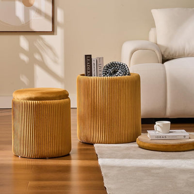 Rundes 2er-Set Aufbewahrungs-Ottoman – Gepolsterter Samt Schminktischhocker für Make-up Multifunktionale Ottomane Couchtisch Gepolsterter Sitz Fußablage für Wohnzimmer & Schlafzimmer (Weiß)