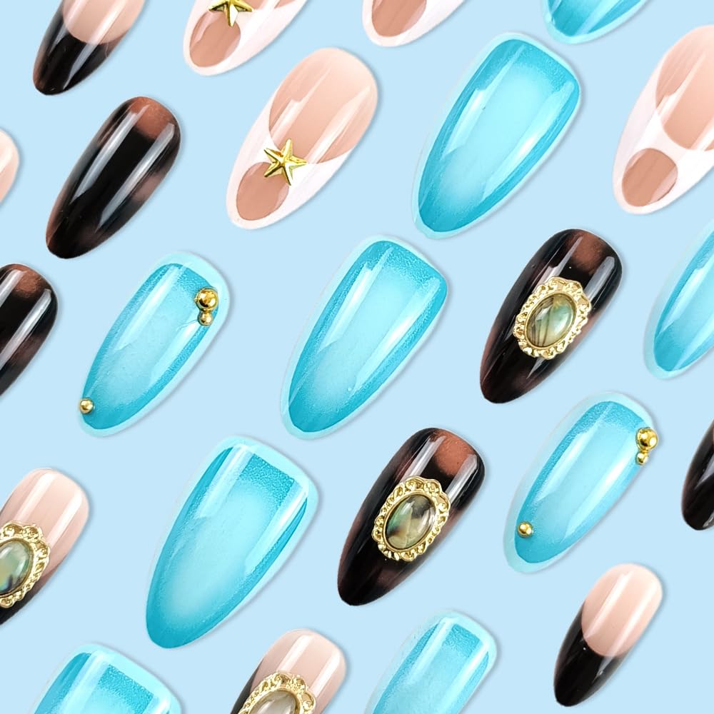 24 Stück Frühling Press-On Nägel Kurz Mandel, YIHONGYAN 3D Strass Muschel-Design Künstliche Nägel Press-Ons Blau Französische Nägel Acryl-Set Klebenägel Vollabdeckung Glitzer Nägel zum Aufkleben für Frauen