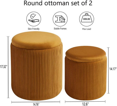 Rundes 2er-Set Aufbewahrungs-Ottoman – Gepolsterter Samt Schminktischhocker für Make-up Multifunktionale Ottomane Couchtisch Gepolsterter Sitz Fußablage für Wohnzimmer & Schlafzimmer (Weiß)