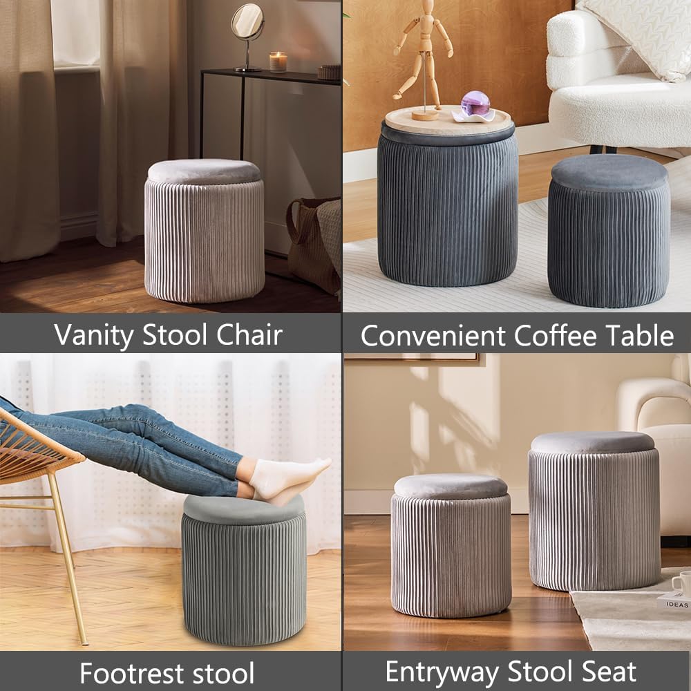 Rundes 2er-Set Aufbewahrungs-Ottoman – Gepolsterter Samt Schminktischhocker für Make-up Multifunktionale Ottomane Couchtisch Gepolsterter Sitz Fußablage für Wohnzimmer & Schlafzimmer (Weiß)