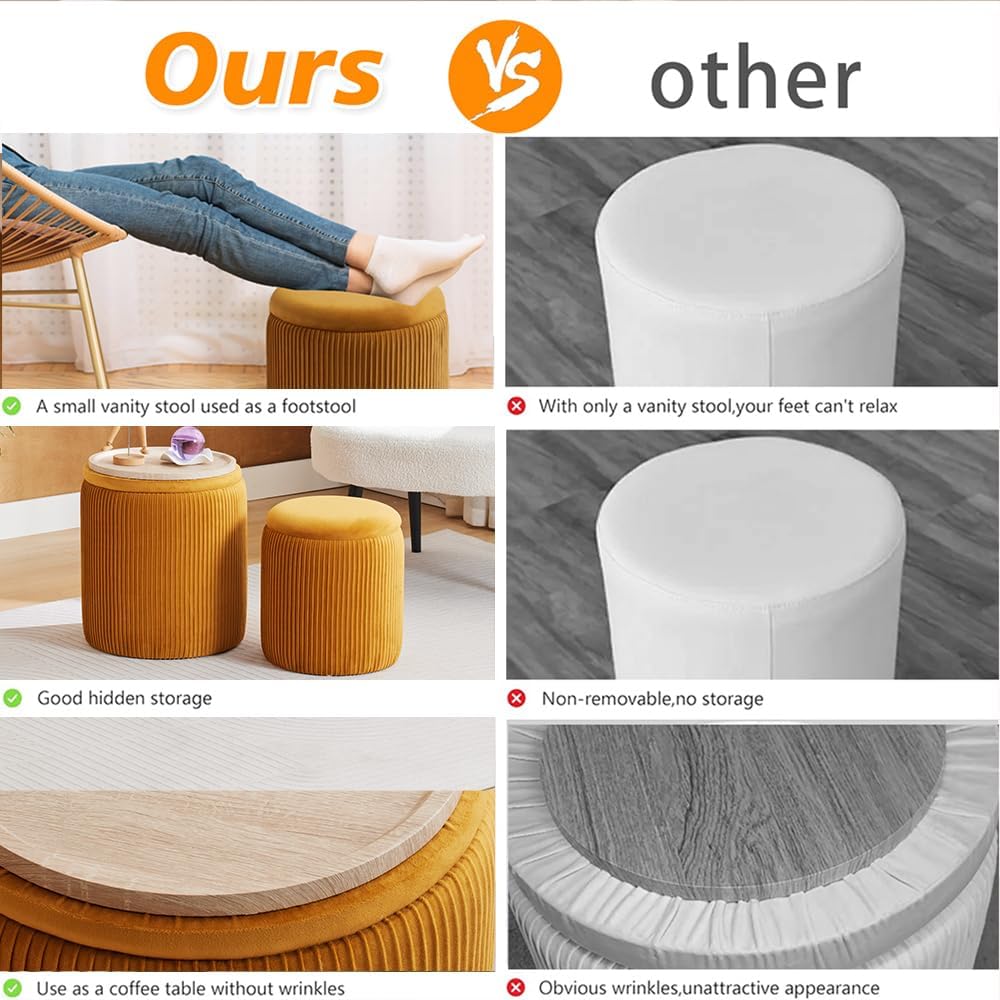 Rundes 2er-Set Aufbewahrungs-Ottoman – Gepolsterter Samt Schminktischhocker für Make-up Multifunktionale Ottomane Couchtisch Gepolsterter Sitz Fußablage für Wohnzimmer & Schlafzimmer (Weiß)