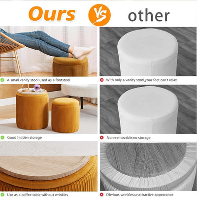 Rundes 2er-Set Aufbewahrungs-Ottoman – Gepolsterter Samt Schminktischhocker für Make-up Multifunktionale Ottomane Couchtisch Gepolsterter Sitz Fußablage für Wohnzimmer & Schlafzimmer (Weiß)