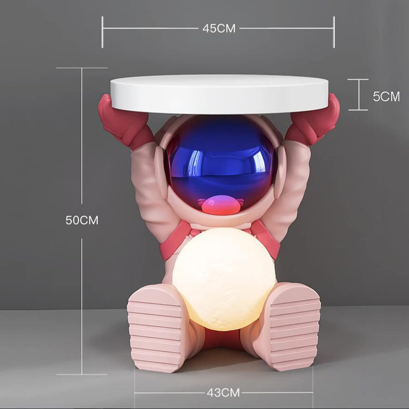 Astronautentisch mit rundem Tischplatte 19,7" x 17,7" Sofa-Beistelltisch mit Mondlampe Moderner Harz-Akzent Astronautenfigur für Schlafzimmer, Wohnzimmer, Zuhause, Rosa