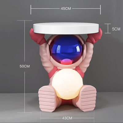 Astronautentisch mit rundem Tischplatte 19,7" x 17,7" Sofa-Beistelltisch mit Mondlampe Moderner Harz-Akzent Astronautenfigur für Schlafzimmer, Wohnzimmer, Zuhause, Rosa