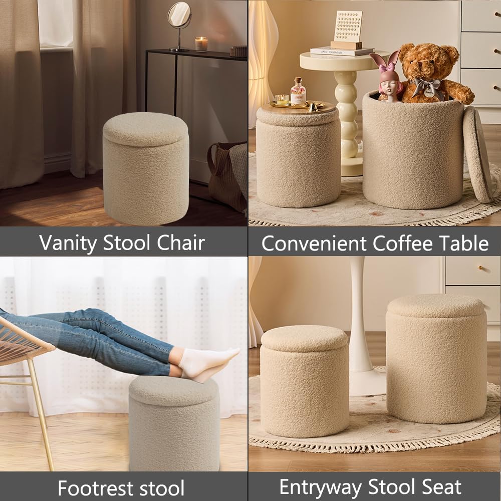 Rundes 2er-Set Aufbewahrungs-Ottoman – Gepolsterter Samt Schminktischhocker für Make-up Multifunktionale Ottomane Couchtisch Gepolsterter Sitz Fußablage für Wohnzimmer & Schlafzimmer (Weiß)