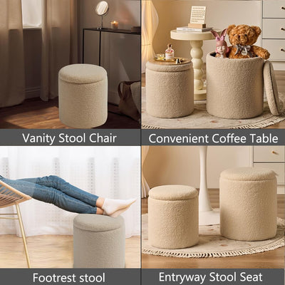 Rundes 2er-Set Aufbewahrungs-Ottoman – Gepolsterter Samt Schminktischhocker für Make-up Multifunktionale Ottomane Couchtisch Gepolsterter Sitz Fußablage für Wohnzimmer & Schlafzimmer (Weiß)