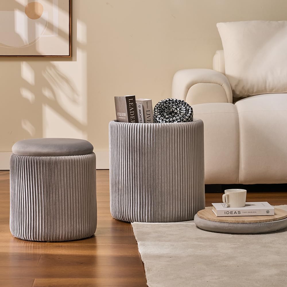 Rundes 2er-Set Aufbewahrungs-Ottoman – Gepolsterter Samt Schminktischhocker für Make-up Multifunktionale Ottomane Couchtisch Gepolsterter Sitz Fußablage für Wohnzimmer & Schlafzimmer (Weiß)