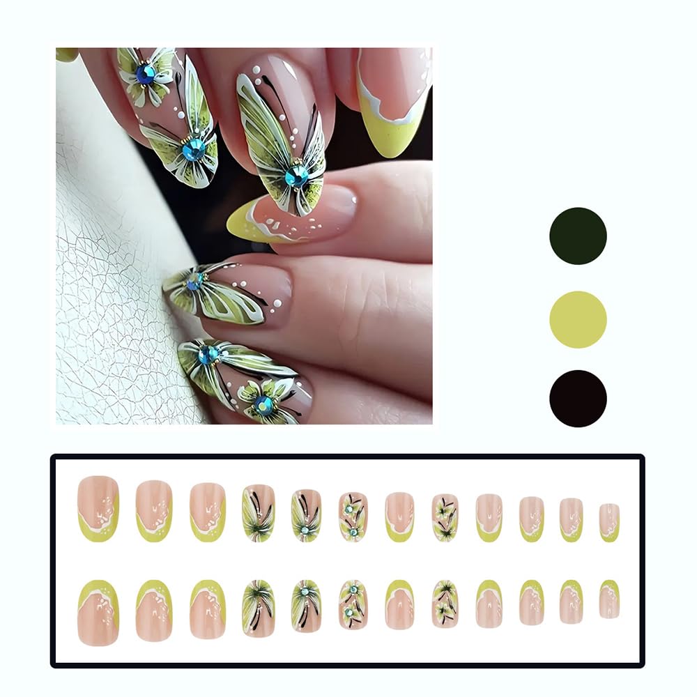 24 Stück Frühling Press-On Nägel Kurz Mandel, YIHONGYAN 3D Strass Muschel-Design Künstliche Nägel Press-Ons Blau Französische Nägel Acryl-Set Klebenägel Vollabdeckung Glitzer Nägel zum Aufkleben für Frauen