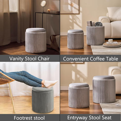 Rundes 2er-Set Aufbewahrungs-Ottoman – Gepolsterter Samt Schminktischhocker für Make-up Multifunktionale Ottomane Couchtisch Gepolsterter Sitz Fußablage für Wohnzimmer & Schlafzimmer (Weiß)