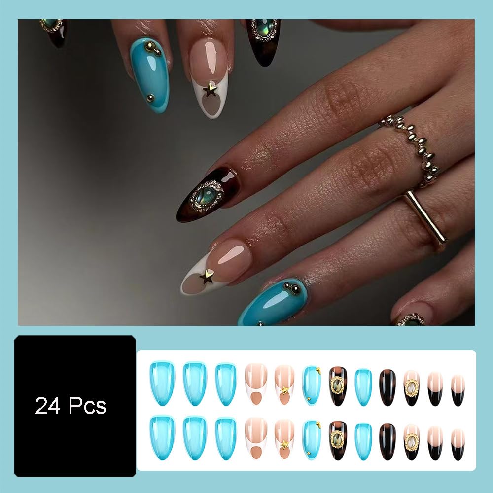 24 Stück Frühling Press-On Nägel Kurz Mandel, YIHONGYAN 3D Strass Muschel-Design Künstliche Nägel Press-Ons Blau Französische Nägel Acryl-Set Klebenägel Vollabdeckung Glitzer Nägel zum Aufkleben für Frauen