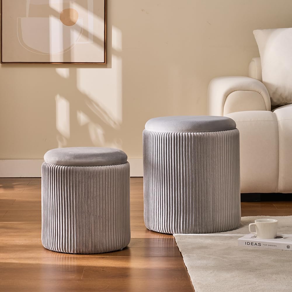 Rundes 2er-Set Aufbewahrungs-Ottoman – Gepolsterter Samt Schminktischhocker für Make-up Multifunktionale Ottomane Couchtisch Gepolsterter Sitz Fußablage für Wohnzimmer & Schlafzimmer (Weiß)