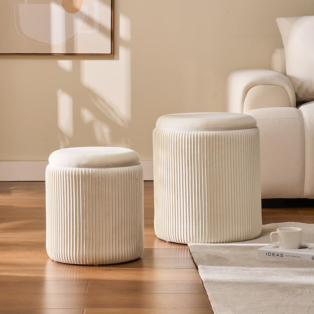 Rundes 2er-Set Aufbewahrungs-Ottoman – Gepolsterter Samt Schminktischhocker für Make-up Multifunktionale Ottomane Couchtisch Gepolsterter Sitz Fußablage für Wohnzimmer & Schlafzimmer (Weiß)