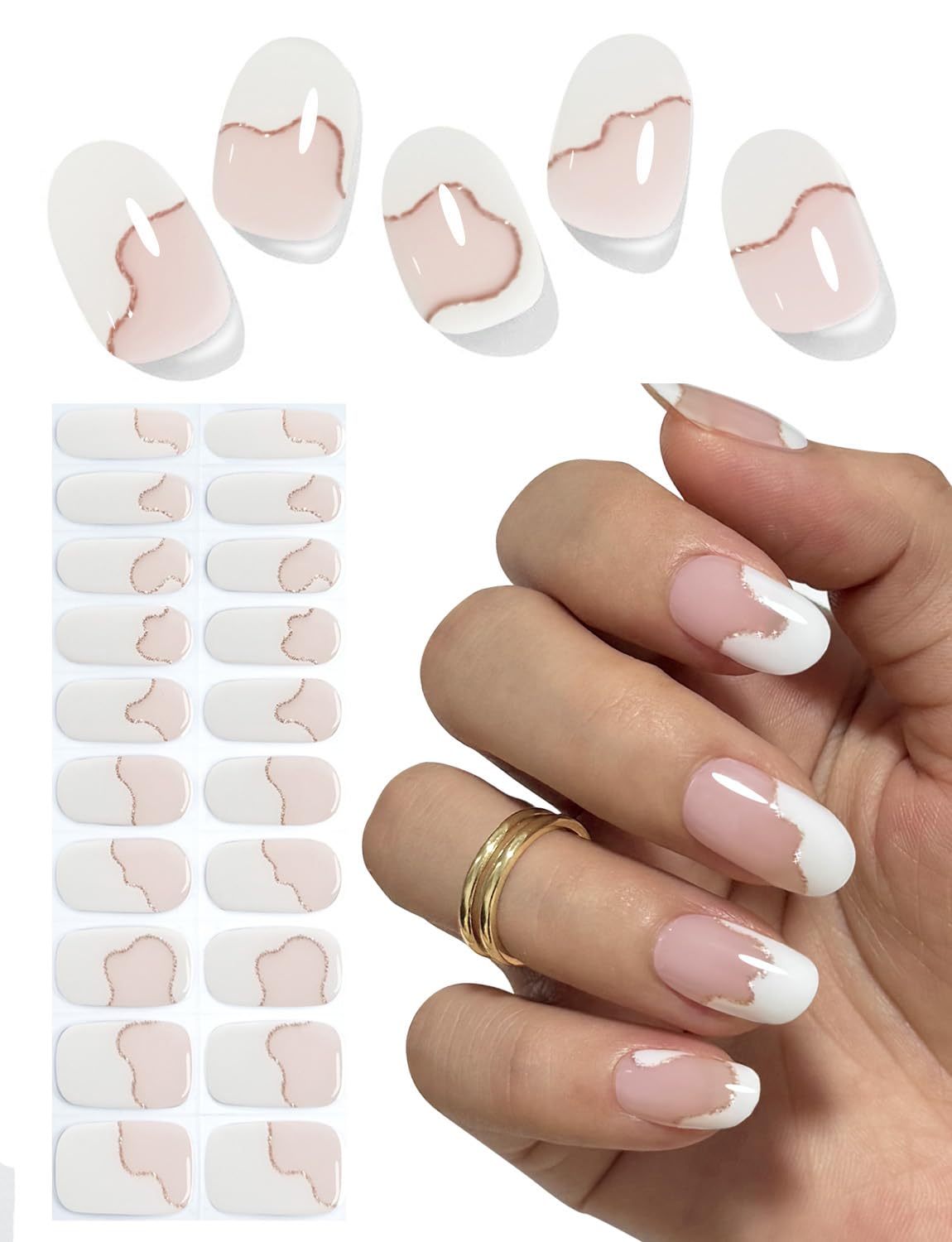 Semi Cured Gel Nail Strips, 20 Stück Gel Nagelaufkleber UV, Wraps für DIY Maniküre zu Hause (Transparent)