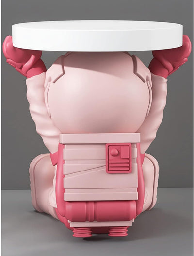 Astronautentisch mit rundem Tischplatte 19,7" x 17,7" Sofa-Beistelltisch mit Mondlampe Moderner Harz-Akzent Astronautenfigur für Schlafzimmer, Wohnzimmer, Zuhause, Rosa