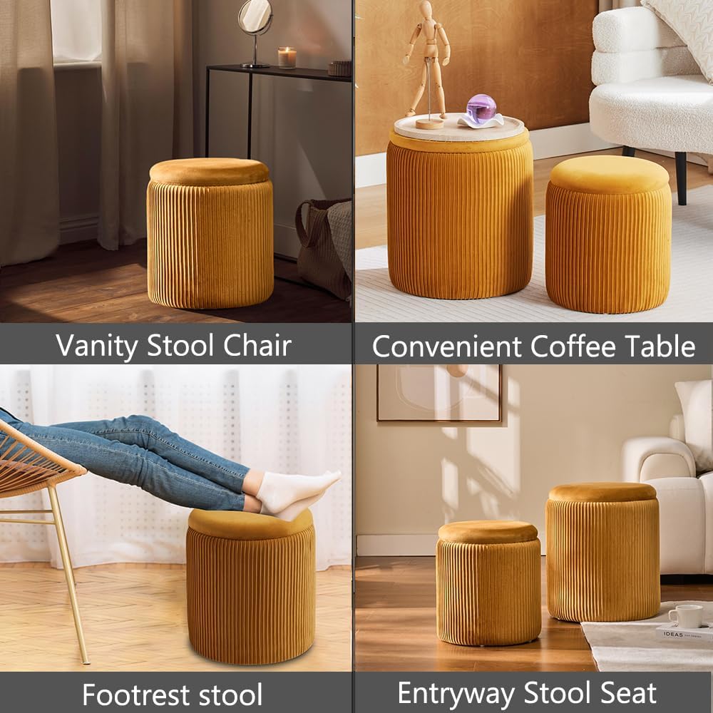 Rundes 2er-Set Aufbewahrungs-Ottoman – Gepolsterter Samt Schminktischhocker für Make-up Multifunktionale Ottomane Couchtisch Gepolsterter Sitz Fußablage für Wohnzimmer & Schlafzimmer (Weiß)