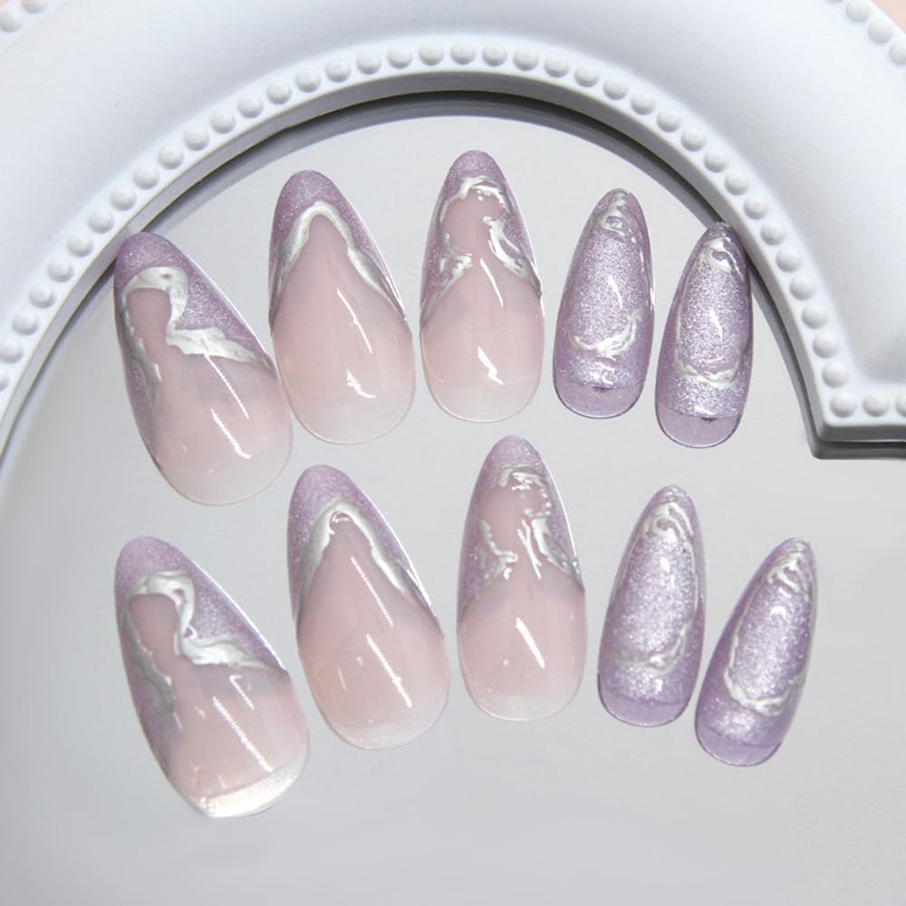 24 Stück Frühling Press-On Nägel Kurz Mandel, YIHONGYAN 3D Strass Muschel-Design Künstliche Nägel Press-Ons Blau Französische Nägel Acryl-Set Klebenägel Vollabdeckung Glitzer Nägel zum Aufkleben für Frauen