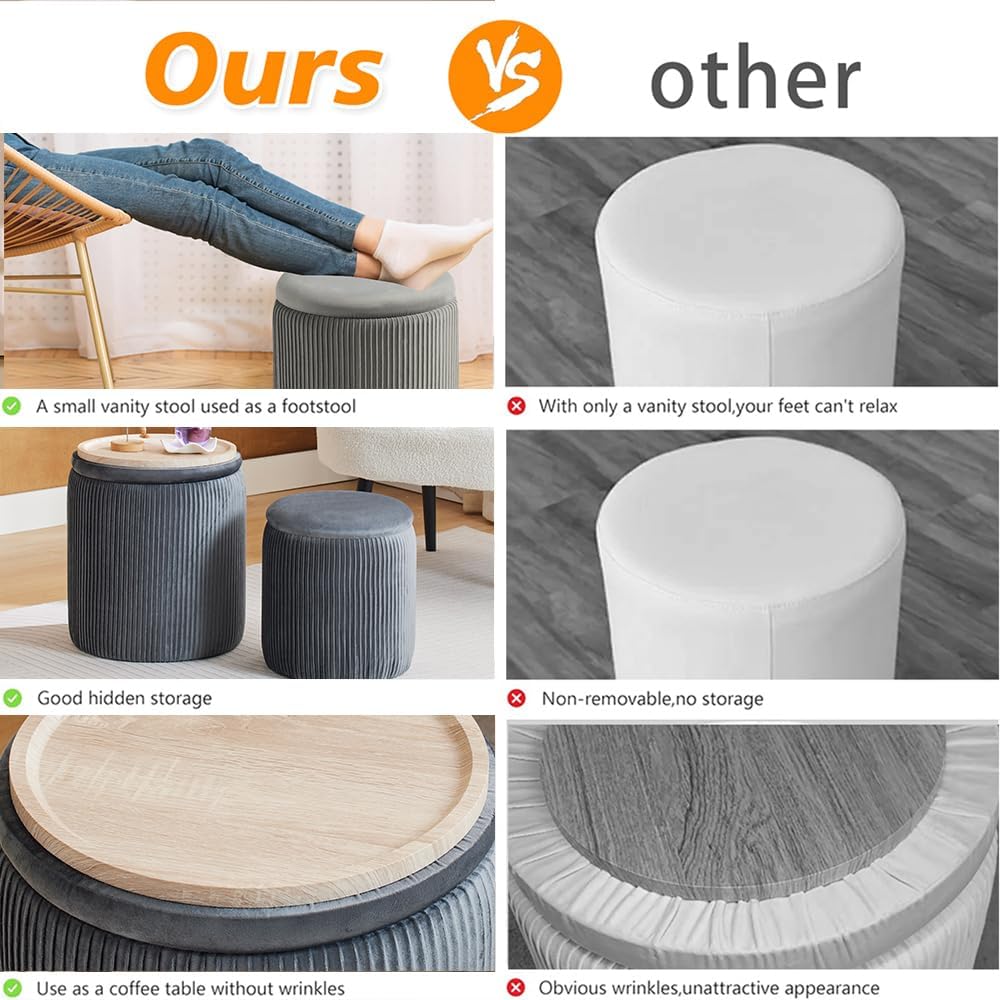 Rundes 2er-Set Aufbewahrungs-Ottoman – Gepolsterter Samt Schminktischhocker für Make-up Multifunktionale Ottomane Couchtisch Gepolsterter Sitz Fußablage für Wohnzimmer & Schlafzimmer (Weiß)