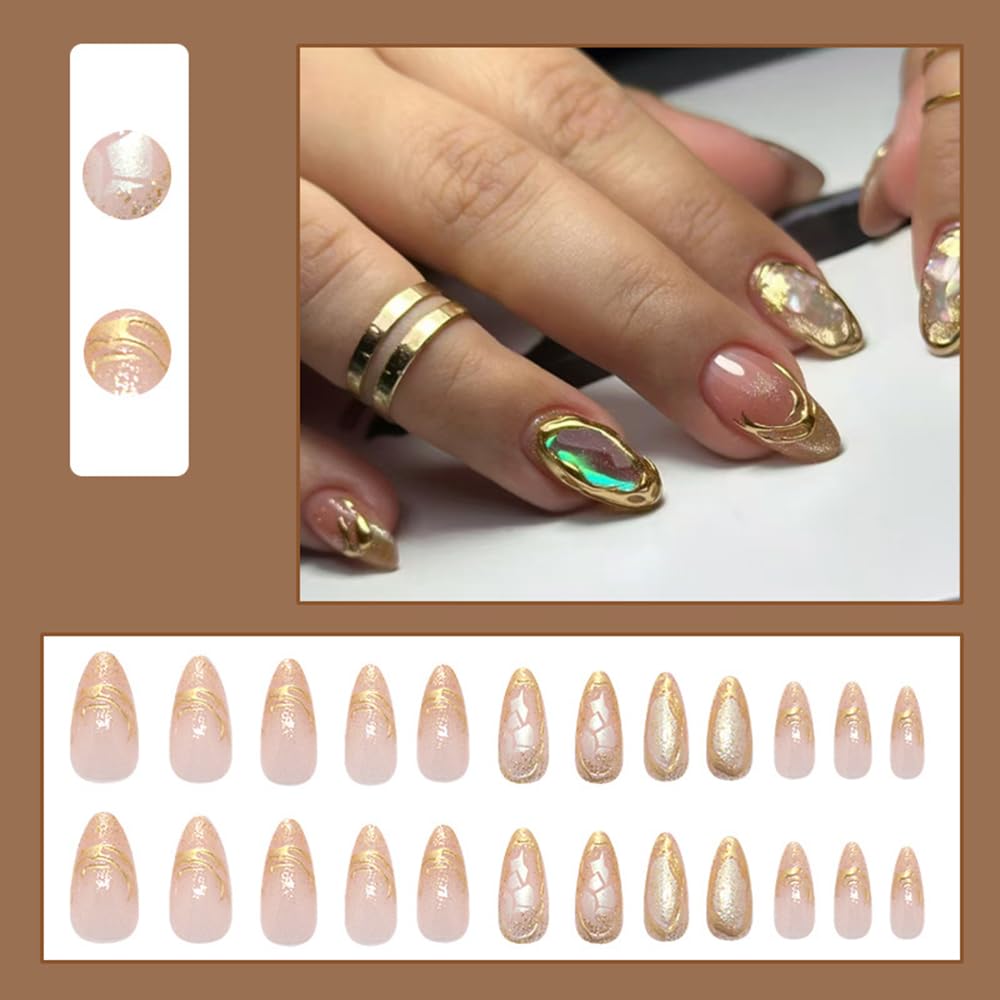 24 Stück Frühling Press-On Nägel Kurz Mandel, YIHONGYAN 3D Strass Muschel-Design Künstliche Nägel Press-Ons Blau Französische Nägel Acryl-Set Klebenägel Vollabdeckung Glitzer Nägel zum Aufkleben für Frauen