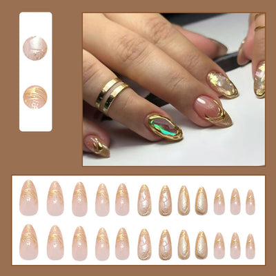 24 Stück Frühling Press-On Nägel Kurz Mandel, YIHONGYAN 3D Strass Muschel-Design Künstliche Nägel Press-Ons Blau Französische Nägel Acryl-Set Klebenägel Vollabdeckung Glitzer Nägel zum Aufkleben für Frauen