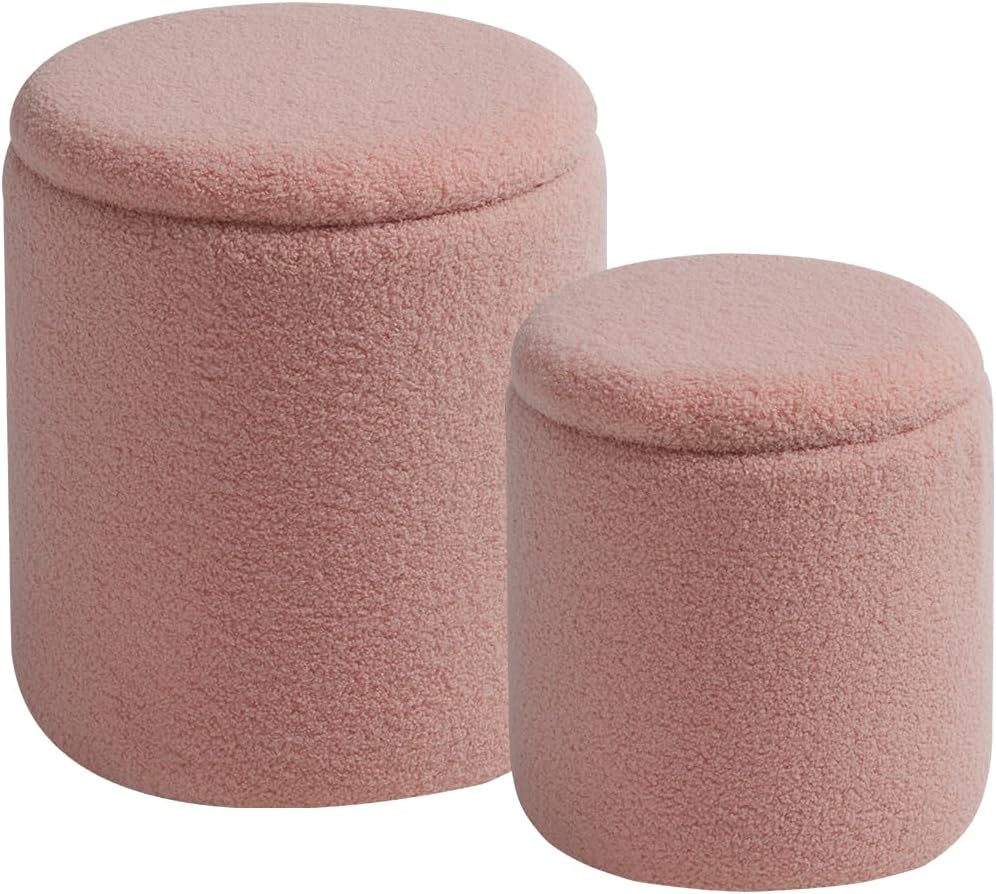 Rundes 2er-Set Aufbewahrungs-Ottoman – Gepolsterter Samt Schminktischhocker für Make-up Multifunktionale Ottomane Couchtisch Gepolsterter Sitz Fußablage für Wohnzimmer & Schlafzimmer (Weiß)