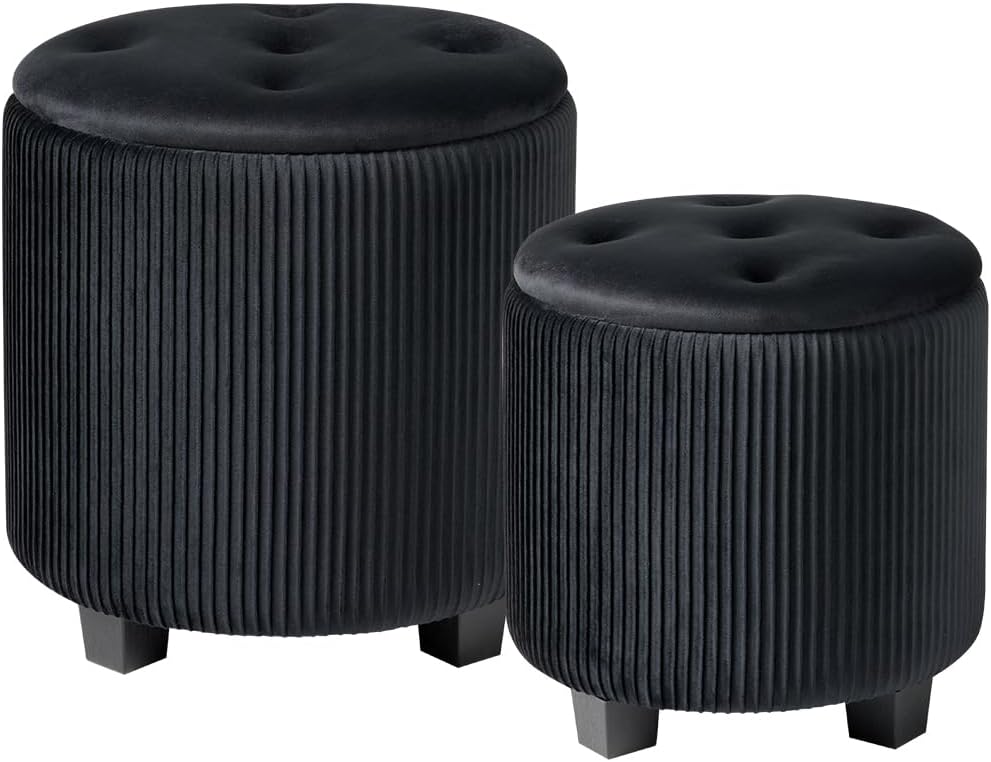 Rundes 2er-Set Aufbewahrungs-Ottoman – Gepolsterter Samt Schminktischhocker für Make-up Multifunktionale Ottomane Couchtisch Gepolsterter Sitz Fußablage für Wohnzimmer & Schlafzimmer (Weiß)