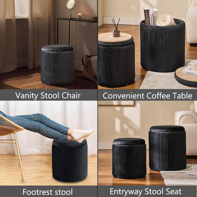 Rundes 2er-Set Aufbewahrungs-Ottoman – Gepolsterter Samt Schminktischhocker für Make-up Multifunktionale Ottomane Couchtisch Gepolsterter Sitz Fußablage für Wohnzimmer & Schlafzimmer (Weiß)
