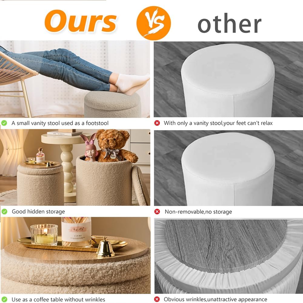 Rundes 2er-Set Aufbewahrungs-Ottoman – Gepolsterter Samt Schminktischhocker für Make-up Multifunktionale Ottomane Couchtisch Gepolsterter Sitz Fußablage für Wohnzimmer & Schlafzimmer (Weiß)
