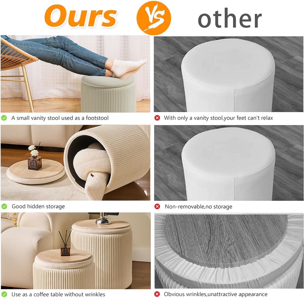 Rundes 2er-Set Aufbewahrungs-Ottoman – Gepolsterter Samt Schminktischhocker für Make-up Multifunktionale Ottomane Couchtisch Gepolsterter Sitz Fußablage für Wohnzimmer & Schlafzimmer (Weiß)