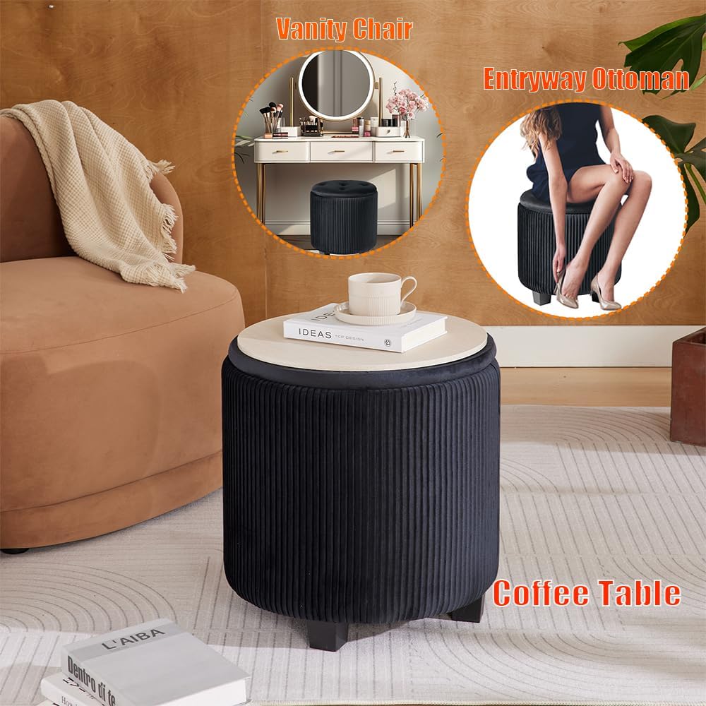 Rundes 2er-Set Aufbewahrungs-Ottoman – Gepolsterter Samt Schminktischhocker für Make-up Multifunktionale Ottomane Couchtisch Gepolsterter Sitz Fußablage für Wohnzimmer & Schlafzimmer (Weiß)
