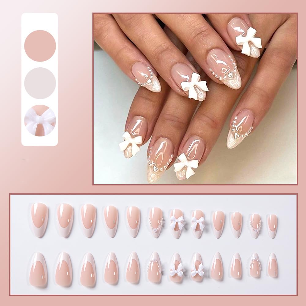 24 Stück Frühling Press-On Nägel Kurz Mandel, YIHONGYAN 3D Strass Muschel-Design Künstliche Nägel Press-Ons Blau Französische Nägel Acryl-Set Klebenägel Vollabdeckung Glitzer Nägel zum Aufkleben für Frauen