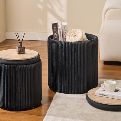 Rundes 2er-Set Aufbewahrungs-Ottoman – Gepolsterter Samt Schminktischhocker für Make-up Multifunktionale Ottomane Couchtisch Gepolsterter Sitz Fußablage für Wohnzimmer & Schlafzimmer (Weiß)