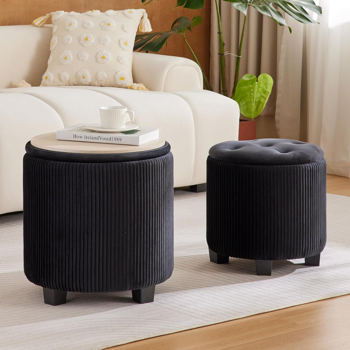 Rundes 2er-Set Aufbewahrungs-Ottoman – Gepolsterter Samt Schminktischhocker für Make-up Multifunktionale Ottomane Couchtisch Gepolsterter Sitz Fußablage für Wohnzimmer & Schlafzimmer (Weiß)