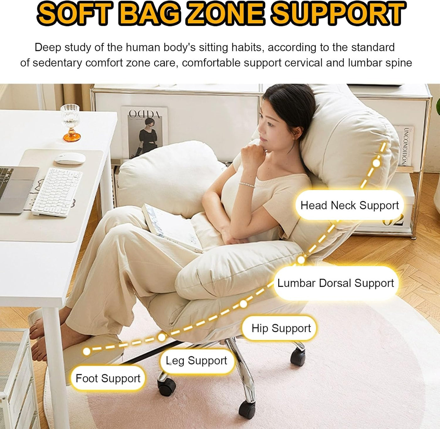 Lazy Sofa Home Office Schreibtischstuhl, Hebbarer Computer Gaming Stuhl Rückenlehnen-Liegestuhl Ergonomischer Bürostuhl 90–130° Große Neigung 360° Drehstuhl mit ausziehbarer Fußstütze