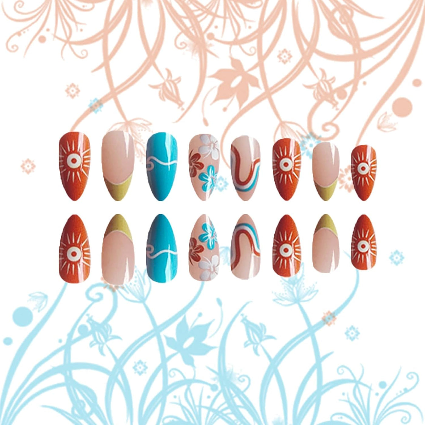 24 Stück Sommer Press-on-Nägel French Tips Medium Mandel Acryl Künstliche Nägel Sonnennägel zum Aufkleben Glänzende Orange Kurvenlinie Künstliche Nagelwellen Gelkleber Fingernägel für Maniküre Kunst Frauen Mädchen