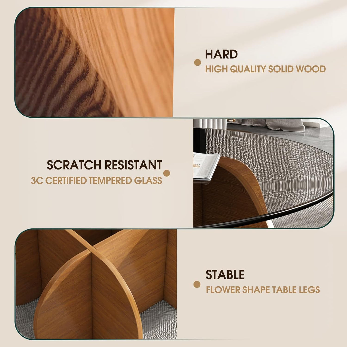 Schwarzer Couchtisch, 31,5" runder Glastisch für das Wohnzimmer, Mid-Century-Modern-Couchtisch, einzigartiger runder Beistelltisch mit Holzfuß