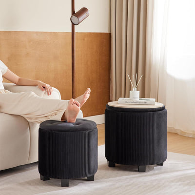 Rundes 2er-Set Aufbewahrungs-Ottoman – Gepolsterter Samt Schminktischhocker für Make-up Multifunktionale Ottomane Couchtisch Gepolsterter Sitz Fußablage für Wohnzimmer & Schlafzimmer (Weiß)