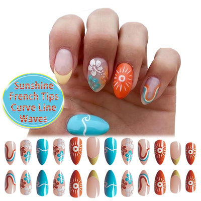 24 Stück Sommer Press-on-Nägel French Tips Medium Mandel Acryl Künstliche Nägel Sonnennägel zum Aufkleben Glänzende Orange Kurvenlinie Künstliche Nagelwellen Gelkleber Fingernägel für Maniküre Kunst Frauen Mädchen