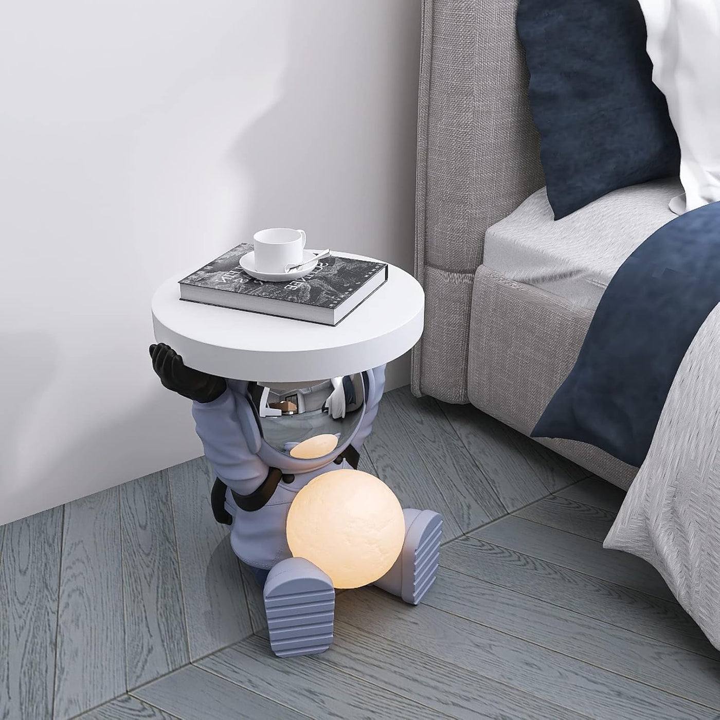 Astronautentisch mit rundem Tischplatte 19,7" x 17,7" Sofa-Beistelltisch mit Mondlampe Moderner Harz-Akzent Astronautenfigur für Schlafzimmer, Wohnzimmer, Zuhause, Rosa