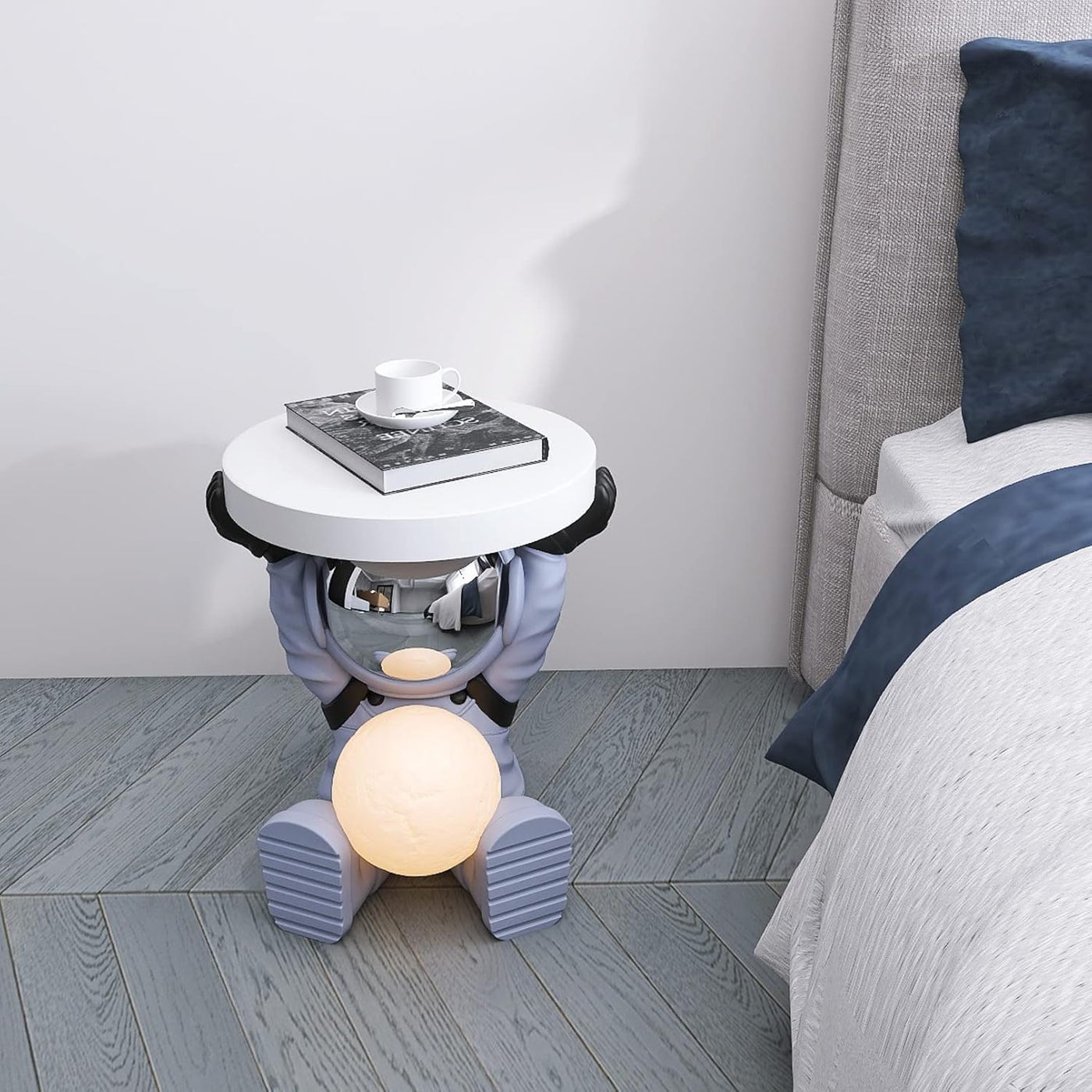 Astronautentisch mit rundem Tischplatte 19,7" x 17,7" Sofa-Beistelltisch mit Mondlampe Moderner Harz-Akzent Astronautenfigur für Schlafzimmer, Wohnzimmer, Zuhause, Rosa