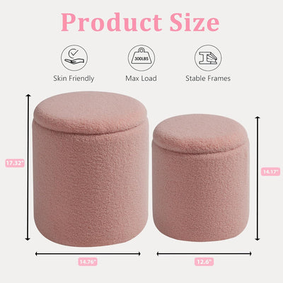 Rundes 2er-Set Aufbewahrungs-Ottoman – Gepolsterter Samt Schminktischhocker für Make-up Multifunktionale Ottomane Couchtisch Gepolsterter Sitz Fußablage für Wohnzimmer & Schlafzimmer (Weiß)