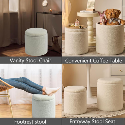 Rundes 2er-Set Aufbewahrungs-Ottoman – Gepolsterter Samt Schminktischhocker für Make-up Multifunktionale Ottomane Couchtisch Gepolsterter Sitz Fußablage für Wohnzimmer & Schlafzimmer (Weiß)