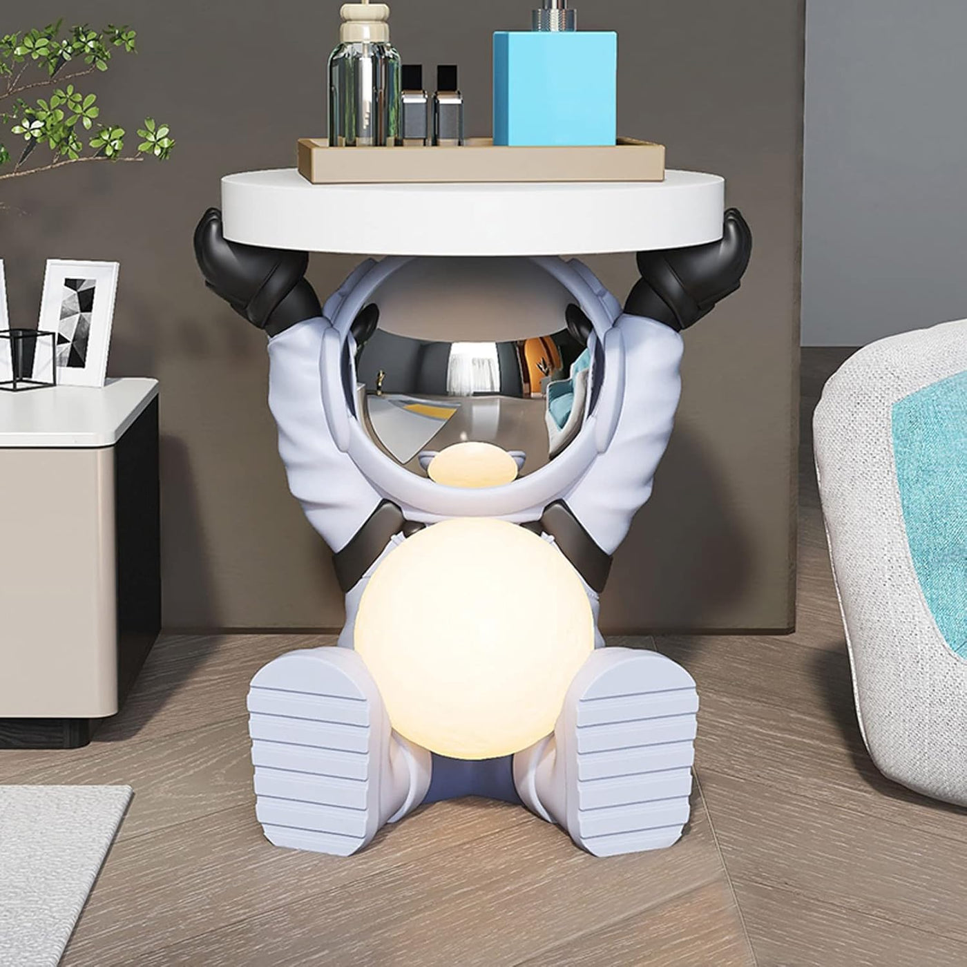 Astronautentisch mit rundem Tischplatte 19,7" x 17,7" Sofa-Beistelltisch mit Mondlampe Moderner Harz-Akzent Astronautenfigur für Schlafzimmer, Wohnzimmer, Zuhause, Rosa