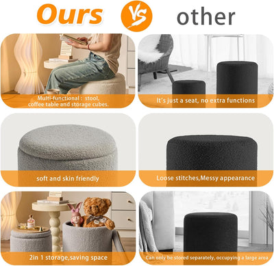 Rundes 2er-Set Aufbewahrungs-Ottoman – Gepolsterter Samt Schminktischhocker für Make-up Multifunktionale Ottomane Couchtisch Gepolsterter Sitz Fußablage für Wohnzimmer & Schlafzimmer (Weiß)