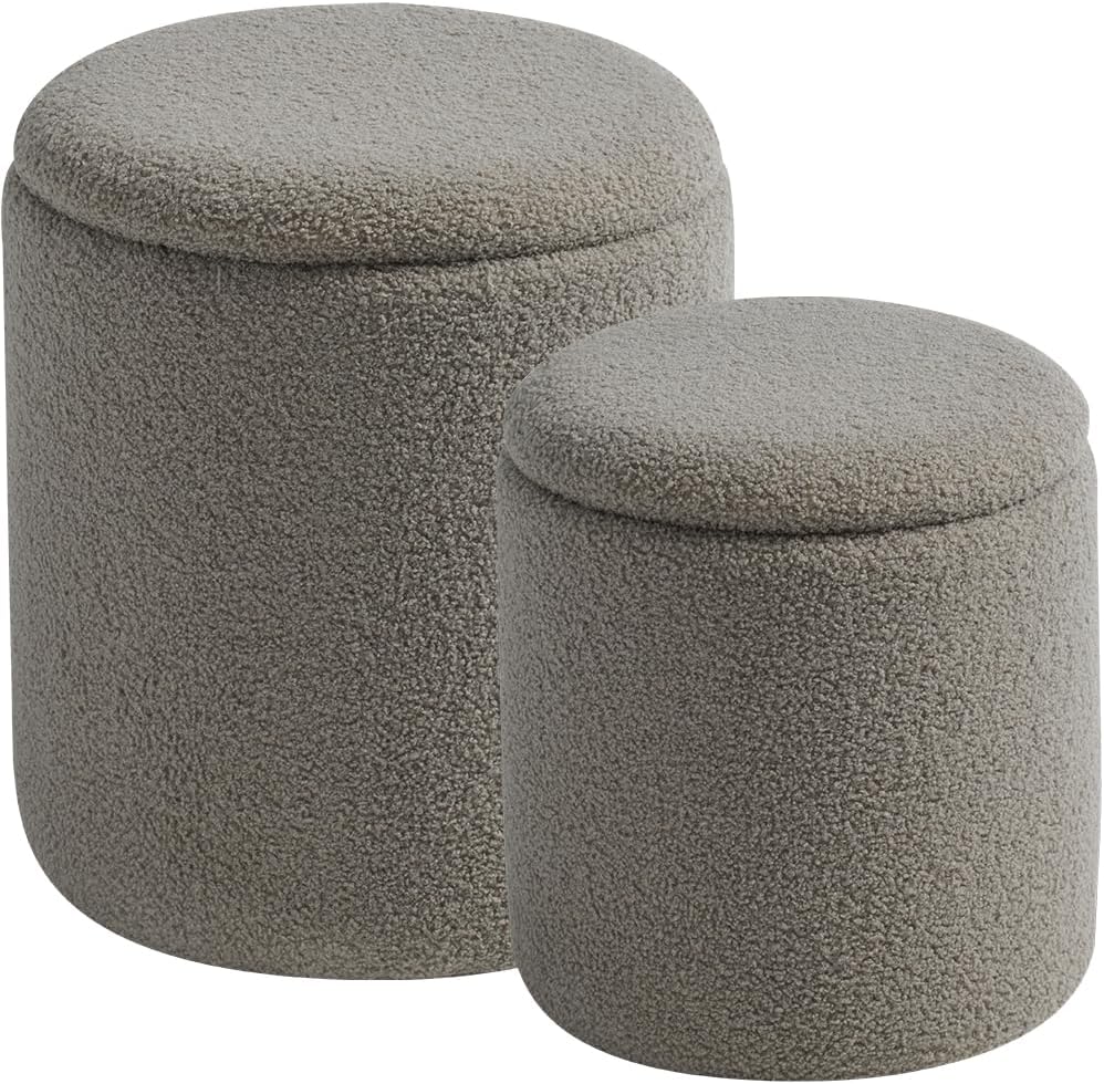 Rundes 2er-Set Aufbewahrungs-Ottoman – Gepolsterter Samt Schminktischhocker für Make-up Multifunktionale Ottomane Couchtisch Gepolsterter Sitz Fußablage für Wohnzimmer & Schlafzimmer (Weiß)