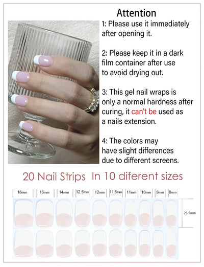 Semi Cured Gel Nail Strips, 20 Stück Gel Nagelaufkleber UV, Wraps für DIY Maniküre zu Hause (Transparent)