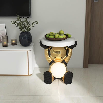 Astronautentisch mit rundem Tischplatte 19,7" x 17,7" Sofa-Beistelltisch mit Mondlampe Moderner Harz-Akzent Astronautenfigur für Schlafzimmer, Wohnzimmer, Zuhause, Rosa