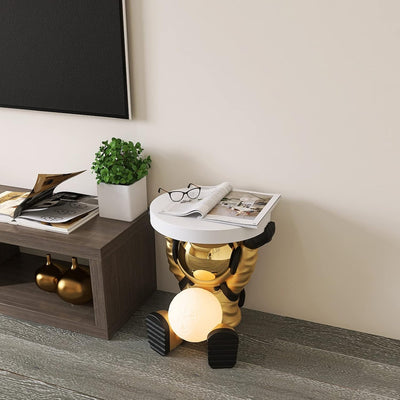 Astronautentisch mit rundem Tischplatte 19,7" x 17,7" Sofa-Beistelltisch mit Mondlampe Moderner Harz-Akzent Astronautenfigur für Schlafzimmer, Wohnzimmer, Zuhause, Rosa